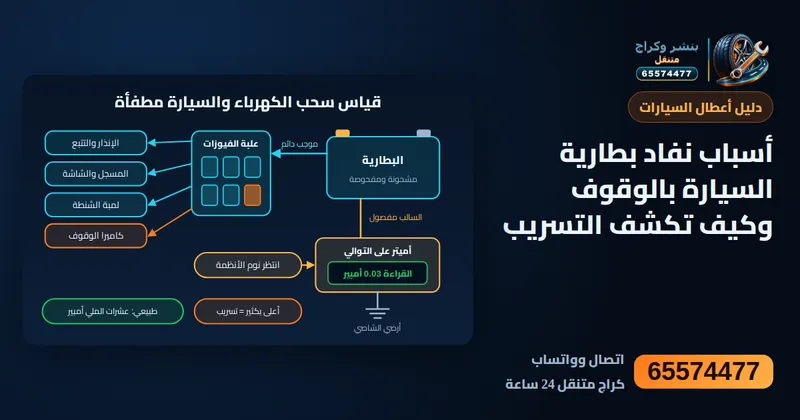 رسم توضيحي: البطارية تفضى والسيارة واقفة: أسباب تسريب الكهرباء وطريقة كشفه