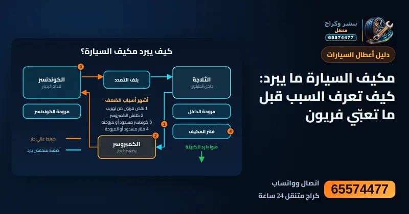 رسم توضيحي: مكيف السيارة ما يبرد: كيف تعرف السبب قبل ما تعبّي فريون