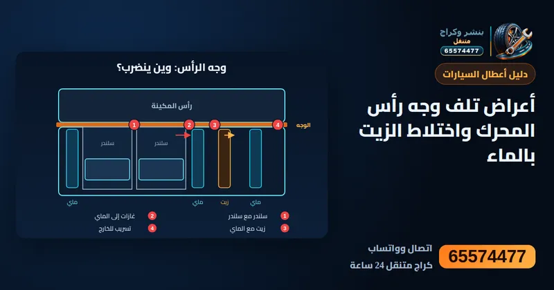 رسم توضيحي: أعراض تلف وجه رأس المحرك واختلاط الزيت بالماء