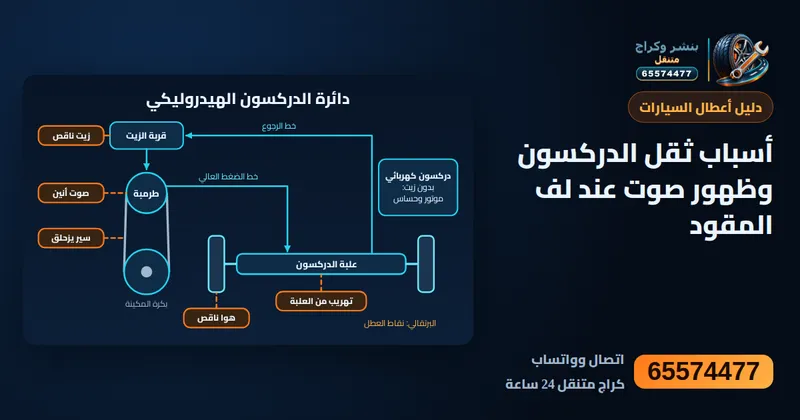 رسم توضيحي: أسباب ثقل الدركسون وظهور صوت عند لف المقود