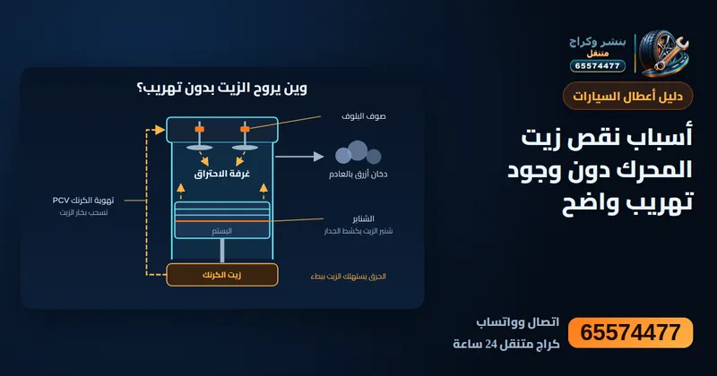 رسم توضيحي: أسباب نقص زيت المحرك دون وجود تهريب واضح