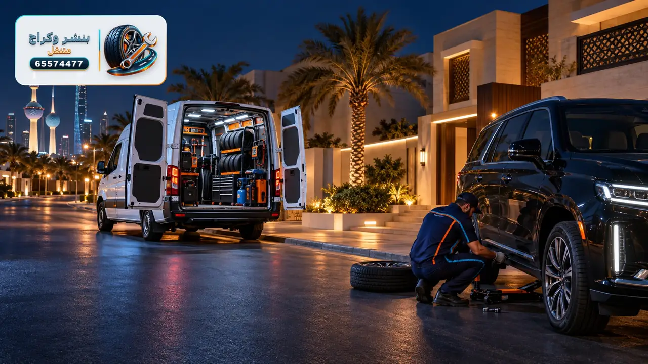 بنشر متنقل الكويت 65574477 — فني يبدّل تاير سيارة عند البيت بالليل وسيارة الخدمة مجهزة بالتواير والعدة